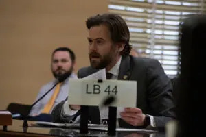  State Sen. George Dungan of Lincoln on March 6 2023, presented a proposal for Nebraska to rejoin the Midwest Interstate Passenger Rail Commission. (Zach Wendling/Nebraska Examiner)