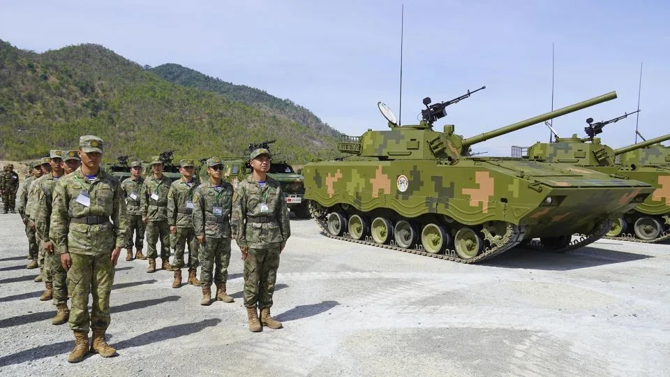 Chinese military personnel take part in the Golden Dragon joint military exercise with Cambodia in Svay Chok in Kampong Chhnang Province, Cambodia, on May 30, 2024. - Kyodo News/Getty Images