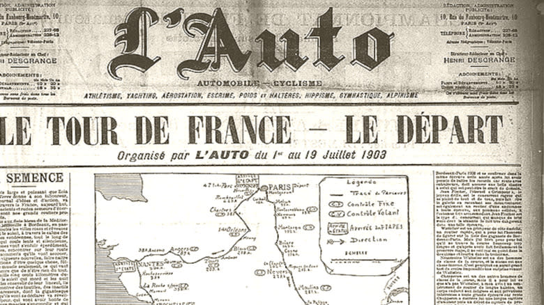 The July 1, 1903 front page of L'Auto which covered the first day of the inaugural Tour de France.