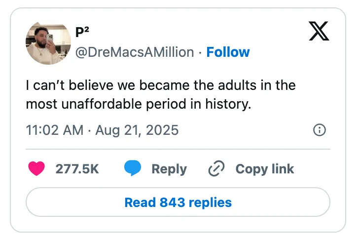 Tweet by @DreMacsAMillion expressing disbelief about living in the most unaffordable period in history