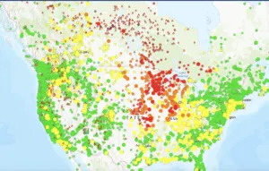 Wildfires in northwest Canada are causing poor air quality conditions in parts of the upper Midwest. Red and orange dots indicate air quality that is unhealthy and unhealthy for sensitive individuals. Screenshot captured on Aug. 1, 2025. (Map via AirNow)