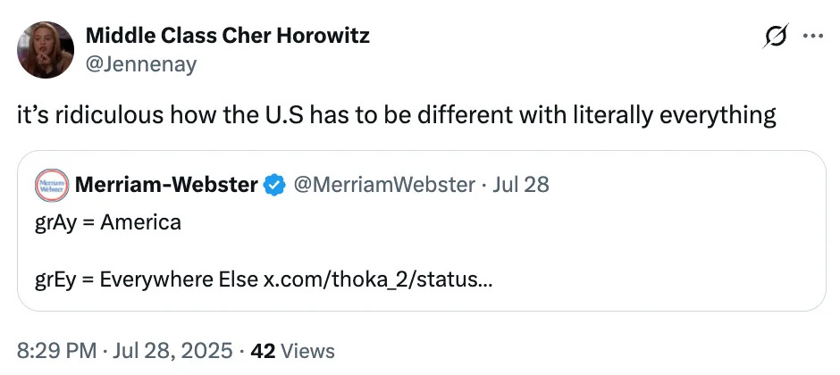 Tweet about Merriam-Webster's take on different spellings of "gray" (U.S.) vs "grey" elsewhere, highlighting U.S. language differences