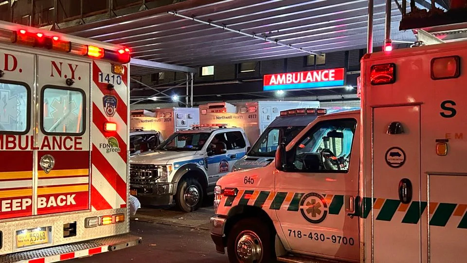 Multiple Ambulances parked outside the emergency room entrance in Queens, New York. New York City, Chicago and Los Angeles leads are the busiest cities for 911 in the US, handling more than 1.6 million calls in fiscal year 2024, according to the OUC. - Lindsey Nicholson/UCG/Getty Images