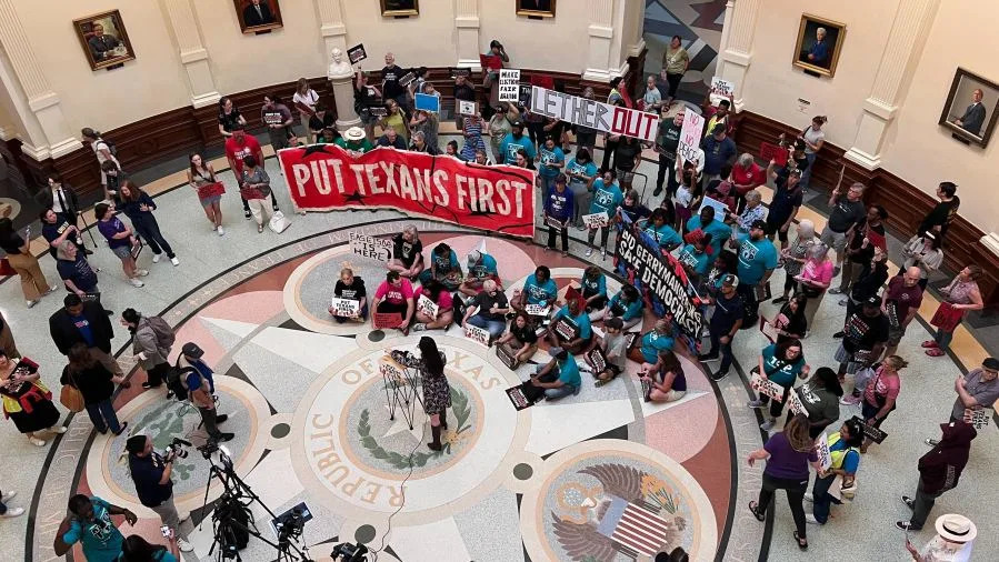 Protesters gather at the Texas Capitol on Aug. 20, 2025, to protest plans for a new congressional map. (KXAN Photo/Todd Bailey)
