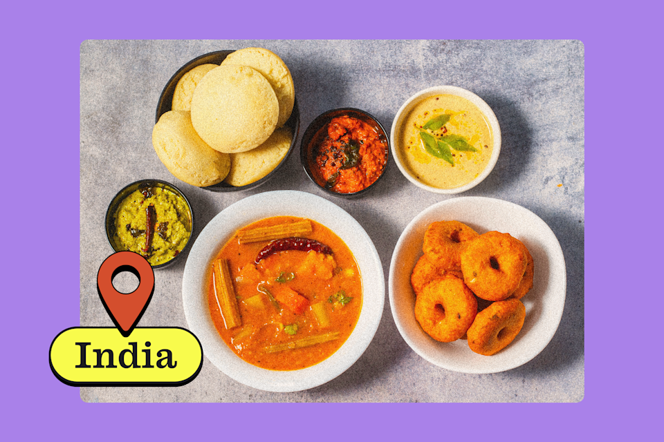 El sambar, un guiso de lentejas con vegetales, aporta proteína, fibra y hierro. (Ilustración fotográfica: Yahoo Noticias; fotos: Getty Images)