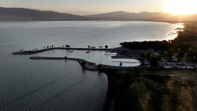 American Fork Boat Harbor and Utah Lake are pictured in American Fork on Monday, June 30, 2025. The Utah Lake Authority issued a warning after the Division of Water Quality confirmed algal bloom presence on the lake.