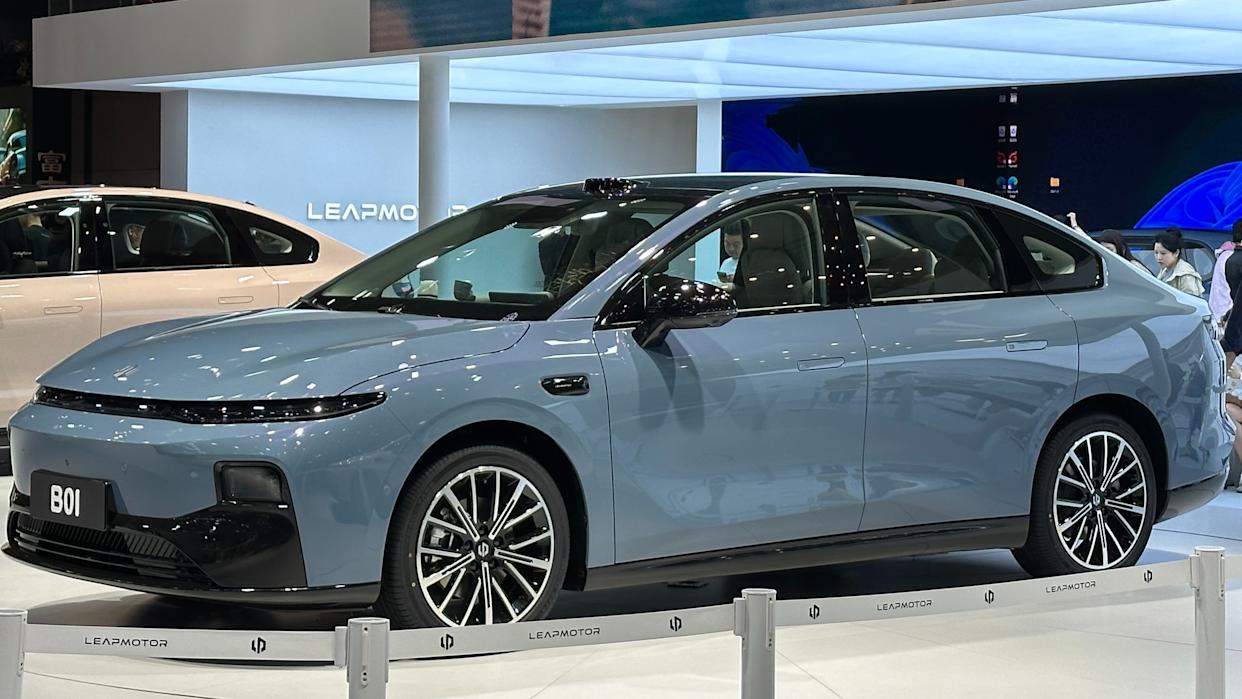 The Leapmotor B01 sedan at the Shanghai auto show this year. The B05 is a hatchback version that is destined for the European market.