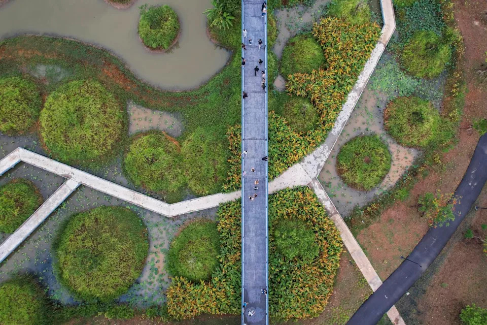An aerial view shows pathways through the Benjakitti Park in Bangkok.