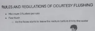 Summary of image text: Guidelines on courtesy flushing, detailing when to flush during the use of a restroom