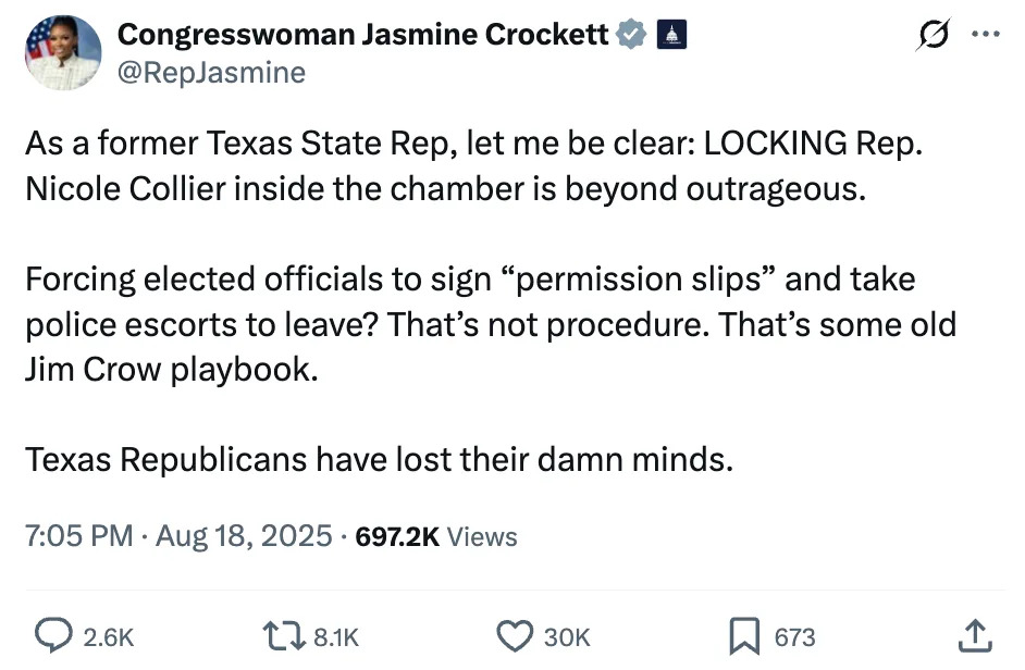 Tweet from Congresswoman Jasmine Crockett criticizing Texas Republicans for locking Rep. Nicole Collier inside the chamber, comparing it to old Jim Crow tactics