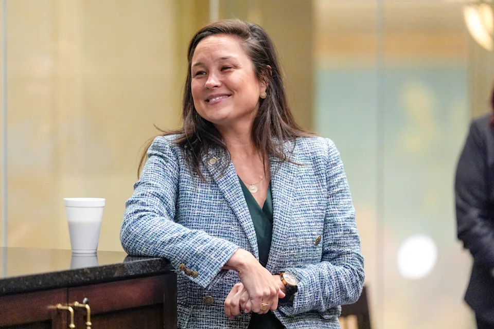 House Minority Leader Cyndi Munson, a Democrat, speaks to members of her party June 18 at the Oklahoma Capitol in Oklahoma City.