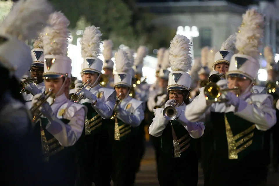 Iowa City West High’s marching band plays during the University of Iowa homecoming parade Friday, Oct. 25, 2024 in Iowa City, Iowa.