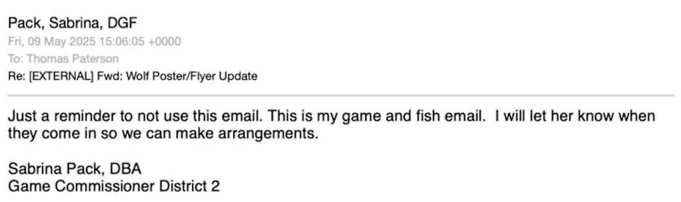 A screenshot of on email from a New Mexico wildlife commissioner.