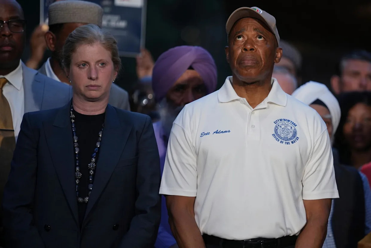 <span>New York City’s mayor, Eric Adams, and his police commissioner, Jessica Tisch, attend a vigil on 29 July 2025.</span><span>Photograph: Angelina Katsanis/AP</span>