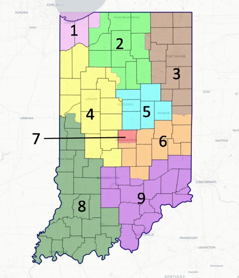  Indiana’s congressional district boundaries.