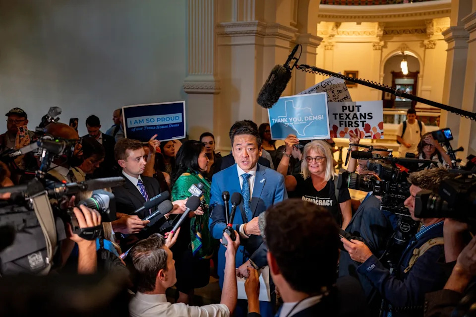 Brandon Bell/Getty Images - PHOTO: Texas House Democratic Caucus Chair Gene Wu attends a news conference at the conclusion of a House meeting on August 18, 2025 in Austin, Texas.