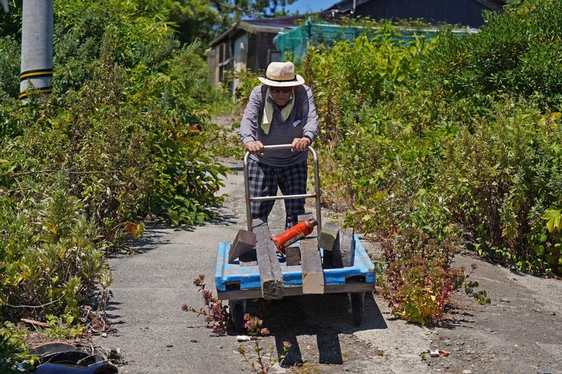 台車に木材を載せ、港へ向かう漁師の吉浦甚雄さん＝石川県輪島市舳倉島で2025年7月30日午前11時39分、岩本一希撮影