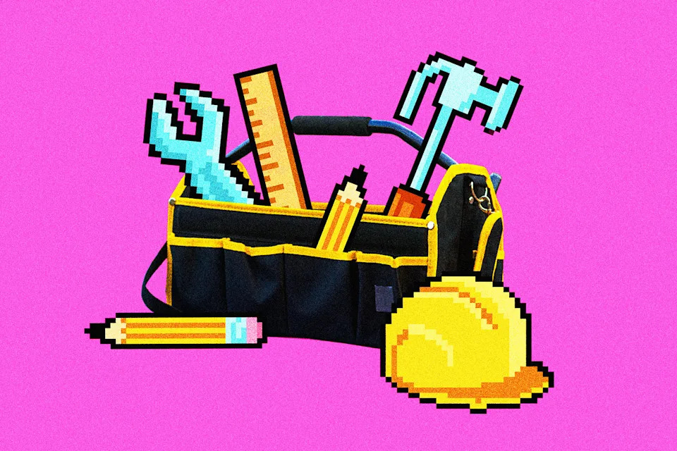 Toolbox filled with pixel-art tools. (Tilde Oyster / NBC News ; Getty Images)