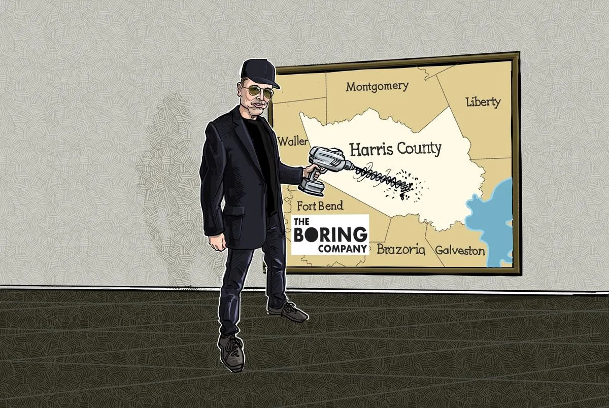 An illustration of Elon Musk drilling through a map showing Harris County in Texas. <cite>Credit: Ken Ellis/Houston Chronicle</cite>