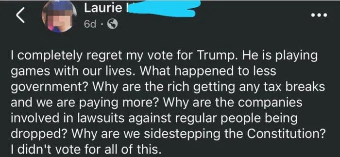 Person expressing regret for voting for Trump, questioning tax breaks for the rich, larger government, and constitutional concerns
