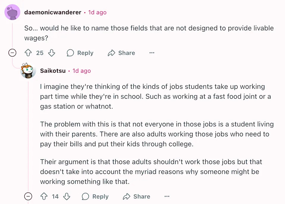 Online discussion questioning the assumption that certain jobs, like fast food, are only for students, highlighting the necessity for some adults