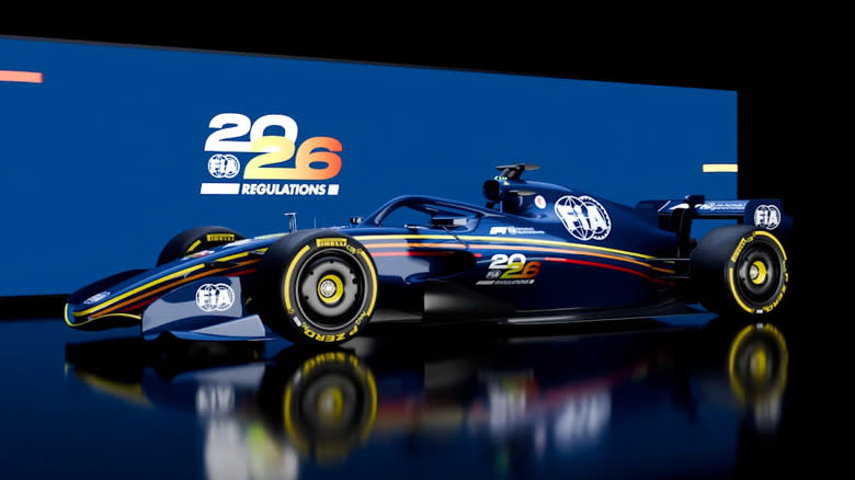 Front-left quarter angle of a rendering of the next-generation 2026 Formula 1 car
