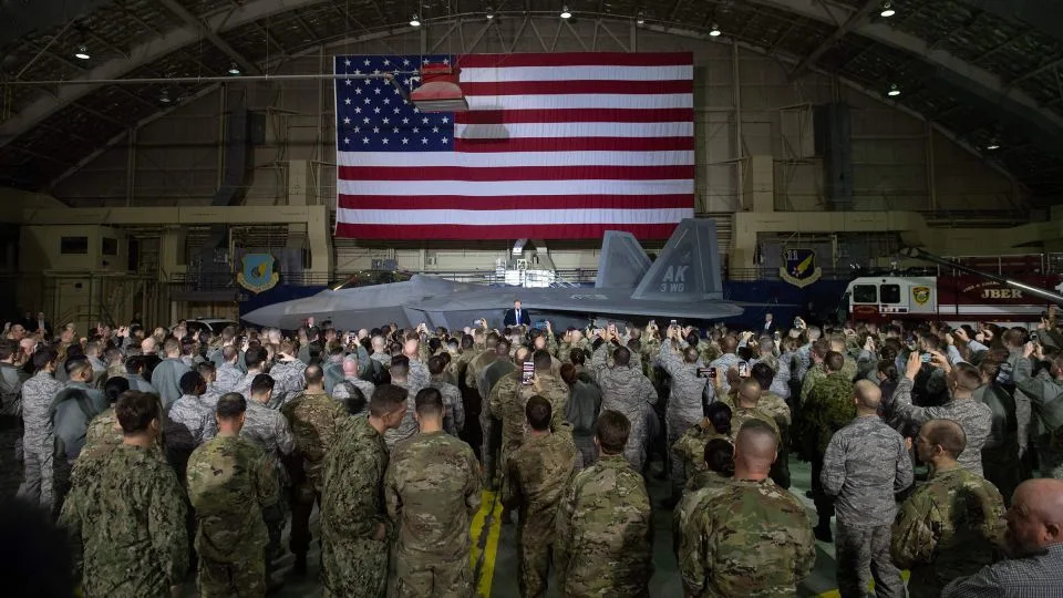 President Donald Trump speaks to US troops at Joint Base Elmendorf-Richardson in Anchorage, Alaska, in 2019. - Saul Loeb/AFP/Getty Images/File