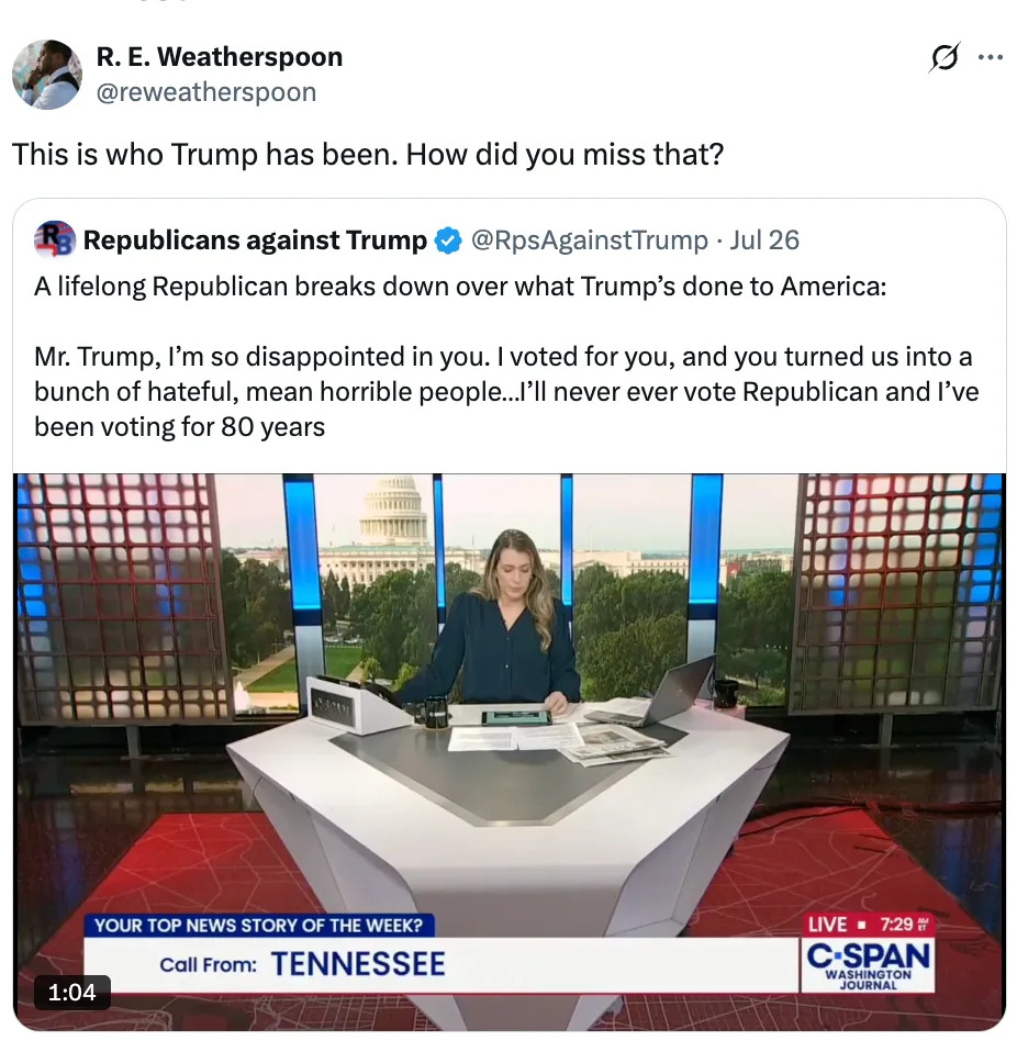 Tweet with a news clip screenshot captioned, "A lifelong Republican breaks down over what Trump’s done to America," featuring a news anchor at a desk