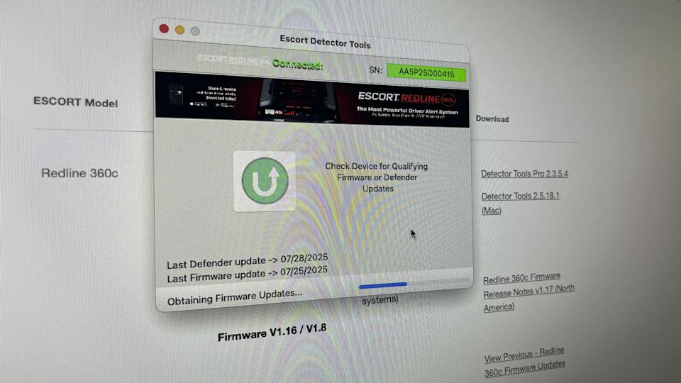 Escort Redline 360c being updated.