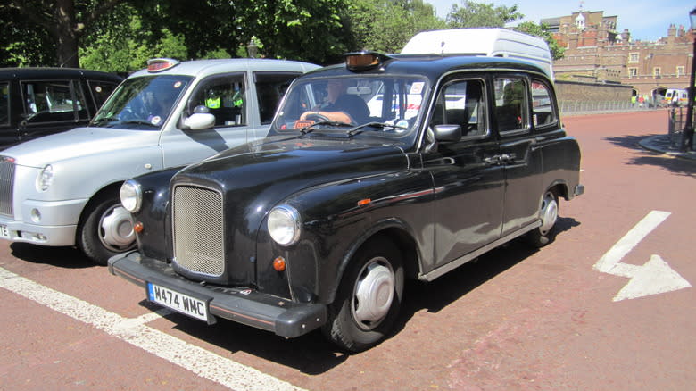 A black 1988 Austin FX4S cab on a London street