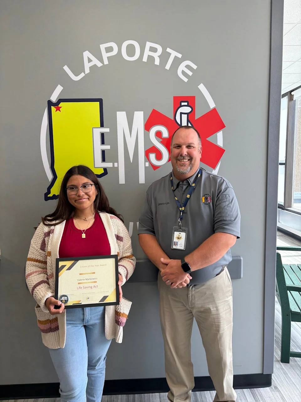 New Prairie High School student Valeria Markiewicz, left, and LaPorte County EMS Administrator Eric Fenstermaker pose for a photo after Markiewicz won the 2025 LaPorte County Citizen of the Year Award.