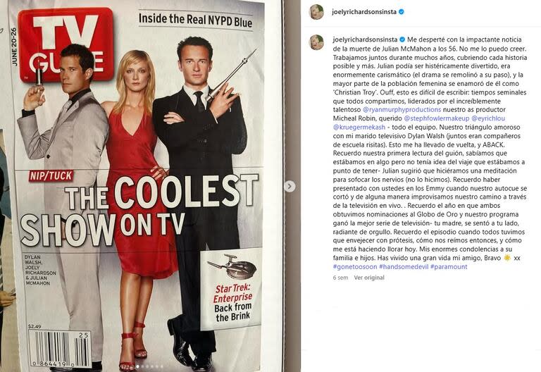 Joely Richardson recordó a su compañero de serie, Julian McMahon, en un posteo en Instagram (Foto: Captura Instagram/@joelyrichardsonsinsta)