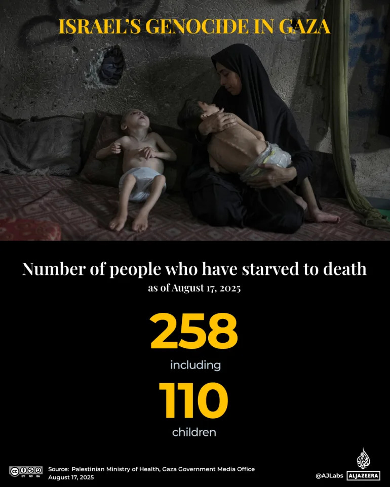 Israel starving Gaza: 258 dead from starvation, including 110 children