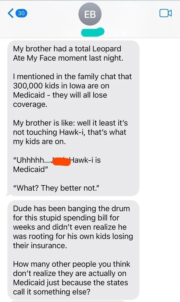 Text messages discuss a recent news story about 300,000 kids in Iowa losing Medicaid. The conversation mentions political reactions and personal impact