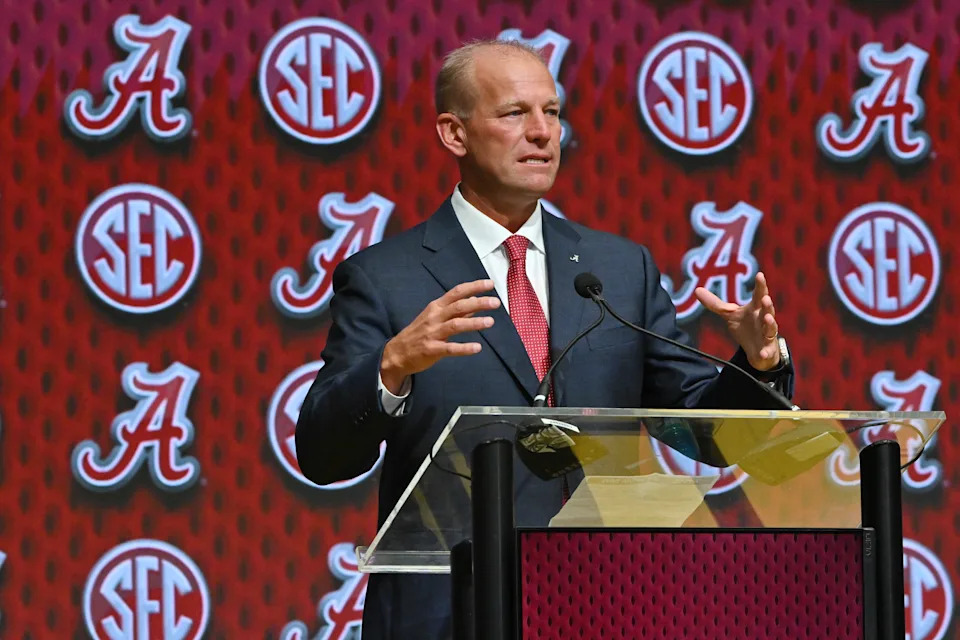 ATLANTA, GA - JULY 16: Alabama Crimson Tide head coach Kalen DeBoer addresses the media during SEC Football Media Days on July 16, 2025, at the College Football Hall of Fame in Atlanta, GA. (Photo by Jeffrey Vest/Icon Sportswire via Getty Images)