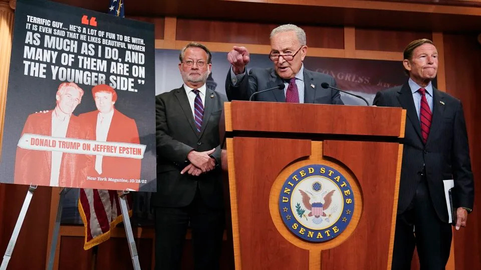 Senate Minority Leader Chuck Schumer, Sen. Gary Peters and Sen. Richard Blumenthal at a news conference calling on the Trump administration to release further information on the Jeffrey Epstein case, at the US Capitol in Washington, DC, on July 30. - Oliver Contreras/AFP via Getty Images