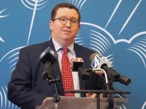 Oklahoma City Public Schools general counsel Tony Childers speaks at a back-to-school news conference Aug. 11 at John Marshall Enterprise High School in Oklahoma City. (Photo by Nuria Martinez-Keel/Oklahoma Voice)
