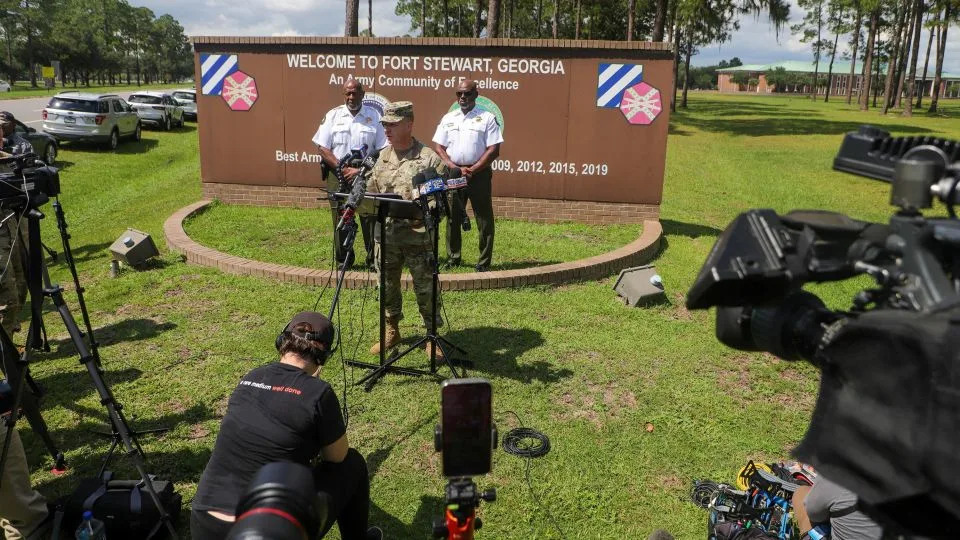 Brigadier General John Lubas speaks to the media after the shooting at Fort Stewart in Hinesville, Georgia, on Wednesday. - Richard Burkhart/USA Today Network/Reuters