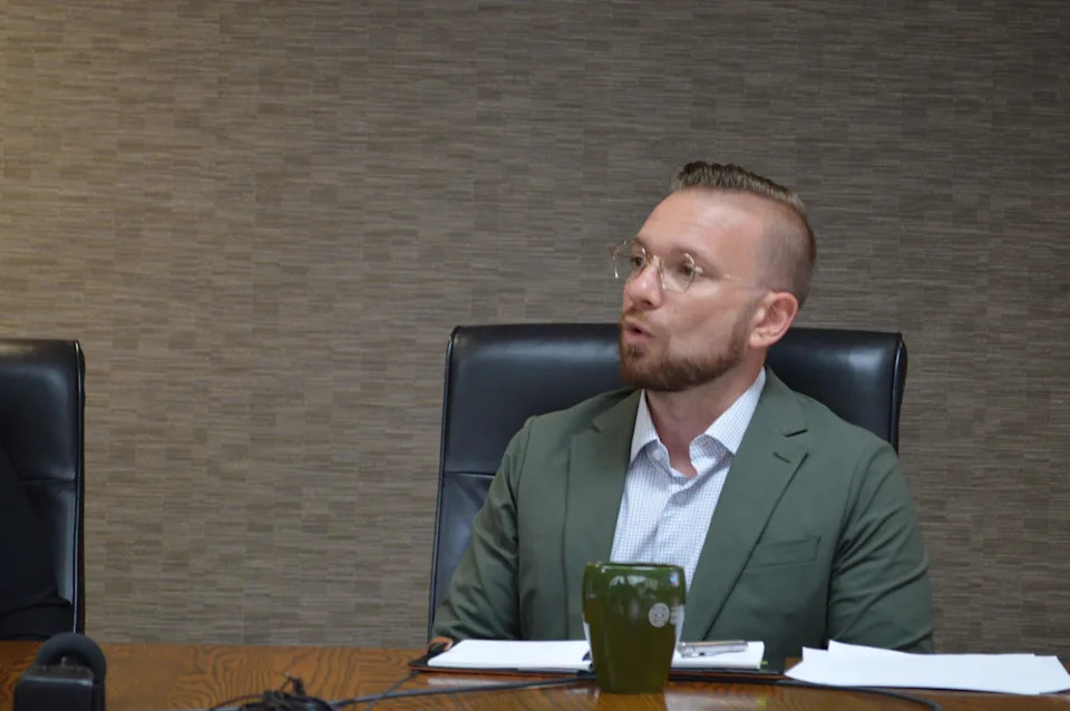  Peter Spadafore, executive director of the Michigan Alliance for Student Opportunity, commenting on the stalled 2025-26 fiscal year budget process at a roundtable event with Michigan education leaders. July 29, 2025 | Photo by Ben Solis/Michigan Advance
