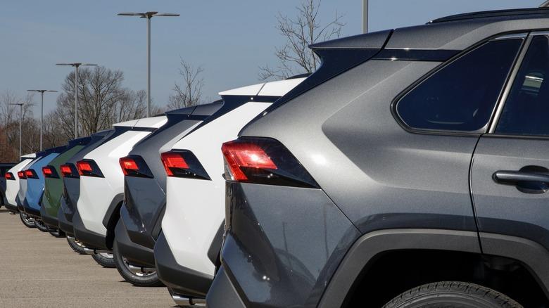 Row of SUV trunks at a Toyota dealership
