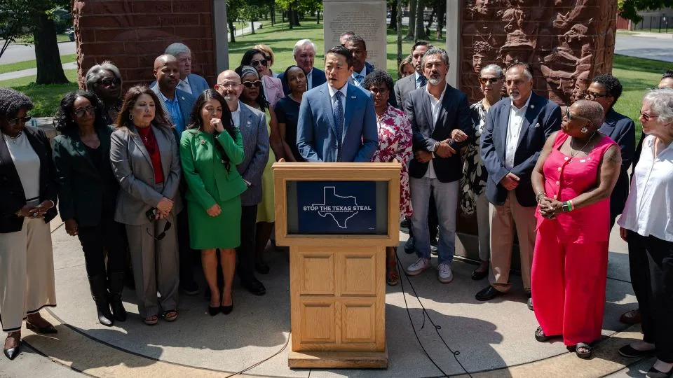 Texas House Democratic Caucus Chair Gene Wu speaks during a press conference at the Dr. Martin Luther King Jr. Memorial in Chicago&#39;s Marquette Park on August 13, 2025. - Jim Vondruska/Getty Images
