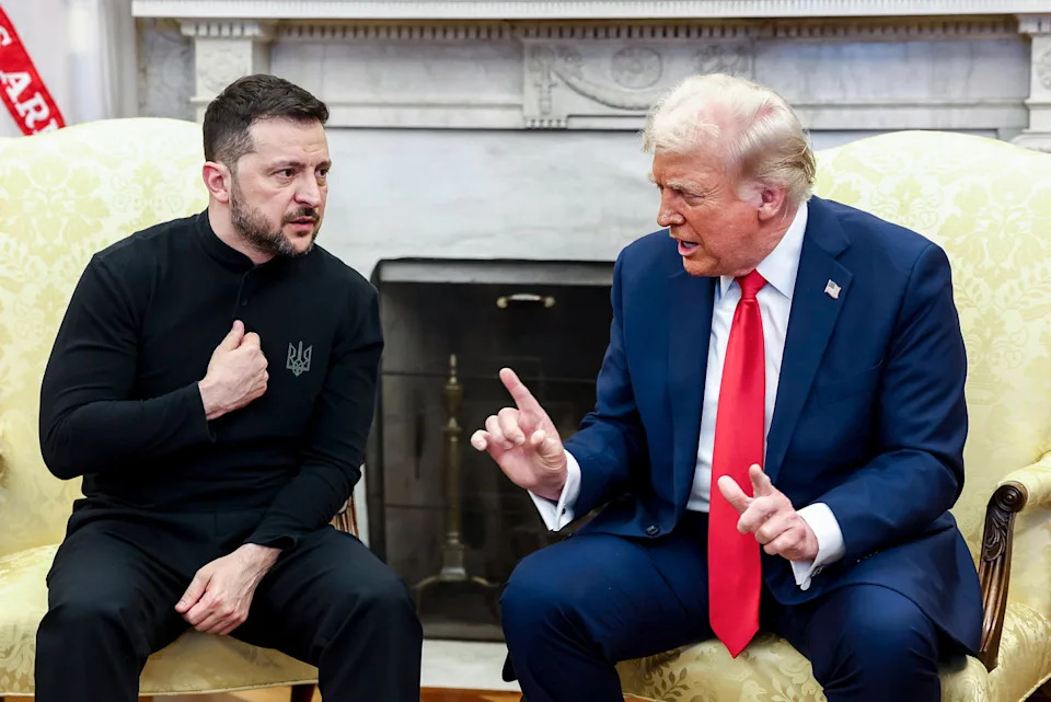Volodymyr Zelenskyy, left, and Donald Trump talk to each other while seated (Jim Lo Scalzo / EPA / Bloomberg via Getty Images file)