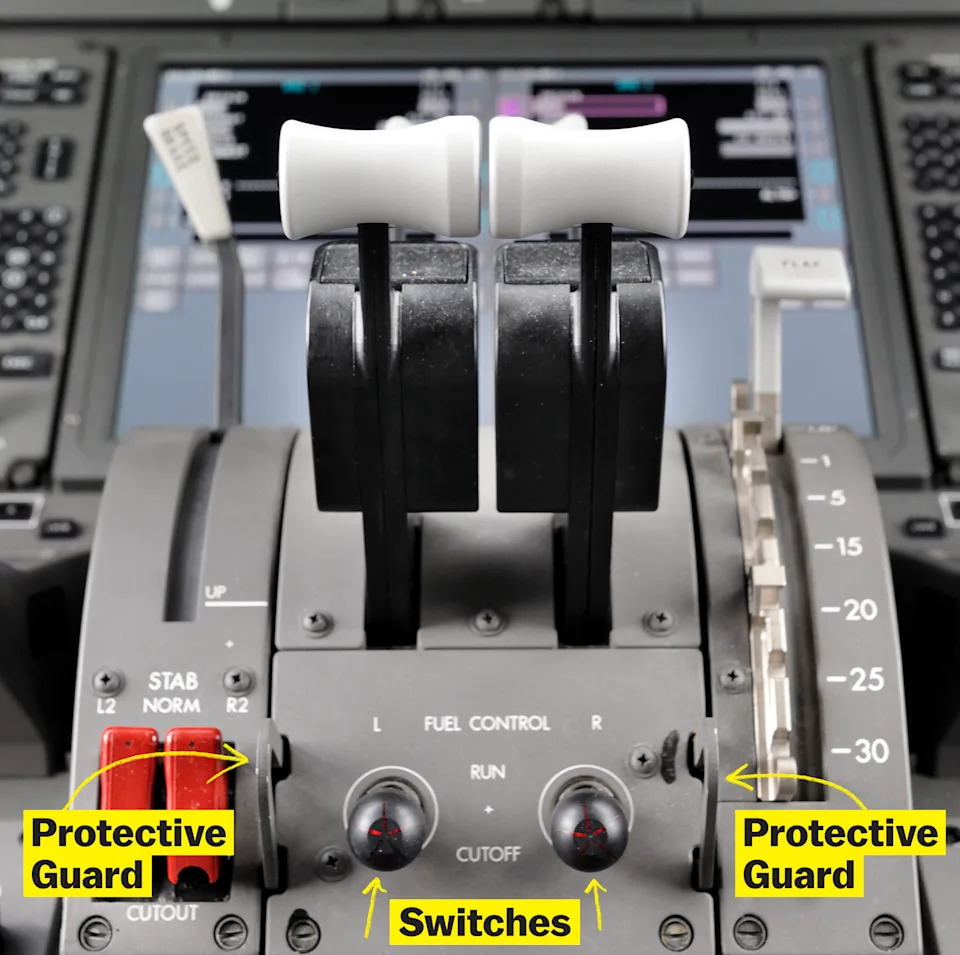A captioned photo of a Boeing 787 console showing the fuel control switches set to the “cutoff” position, with captions pointing out the location of the switches and the protective guards on either side.