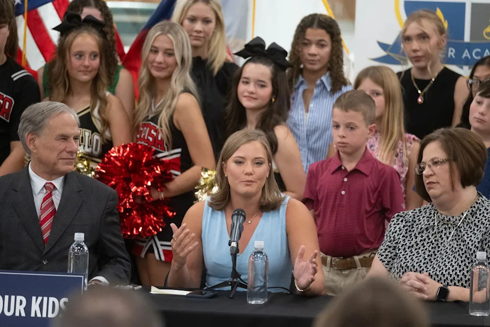 State Rep. Caroline Fairly of Amarillo speaks about the passage of House Bill 1481 during a press conference with Gov. Greg Abbott at AmTech Career Academy in Amarillo on Aug. 1, 2025. Fairly authored the bill, which aims to reduce distractions in classrooms.