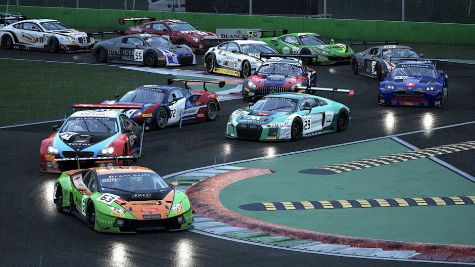 gt3s competing on a wet track during a race in assetto corsa competizione