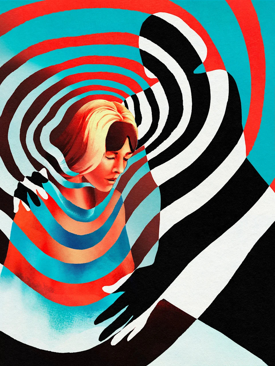 A figure experiencing a trip while an anonymous figure is touching them