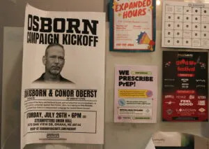A Dan Osborn flyer in a bar in downtown Lincoln on July 24. 2025. (Juan Salinas II/Nebraska Examiner)