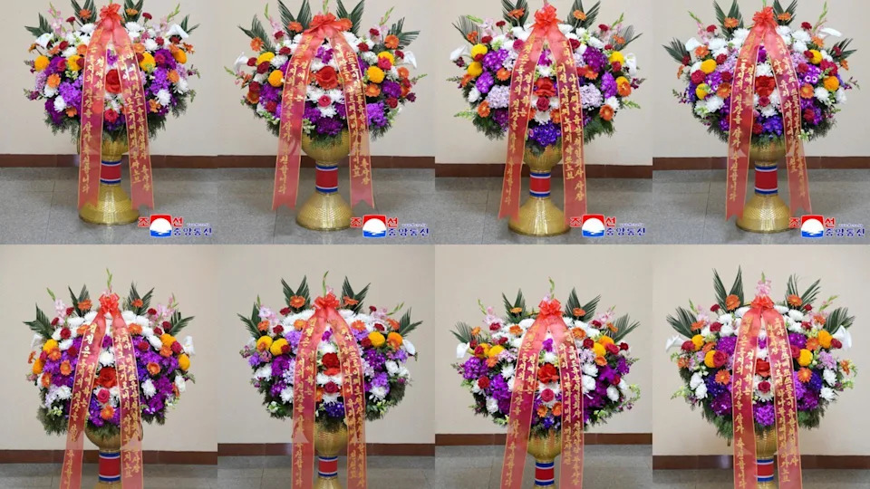 A composite image of flowers that were sent to Kim Jong Un by various Russian construction companies in April, according to North Korean state media