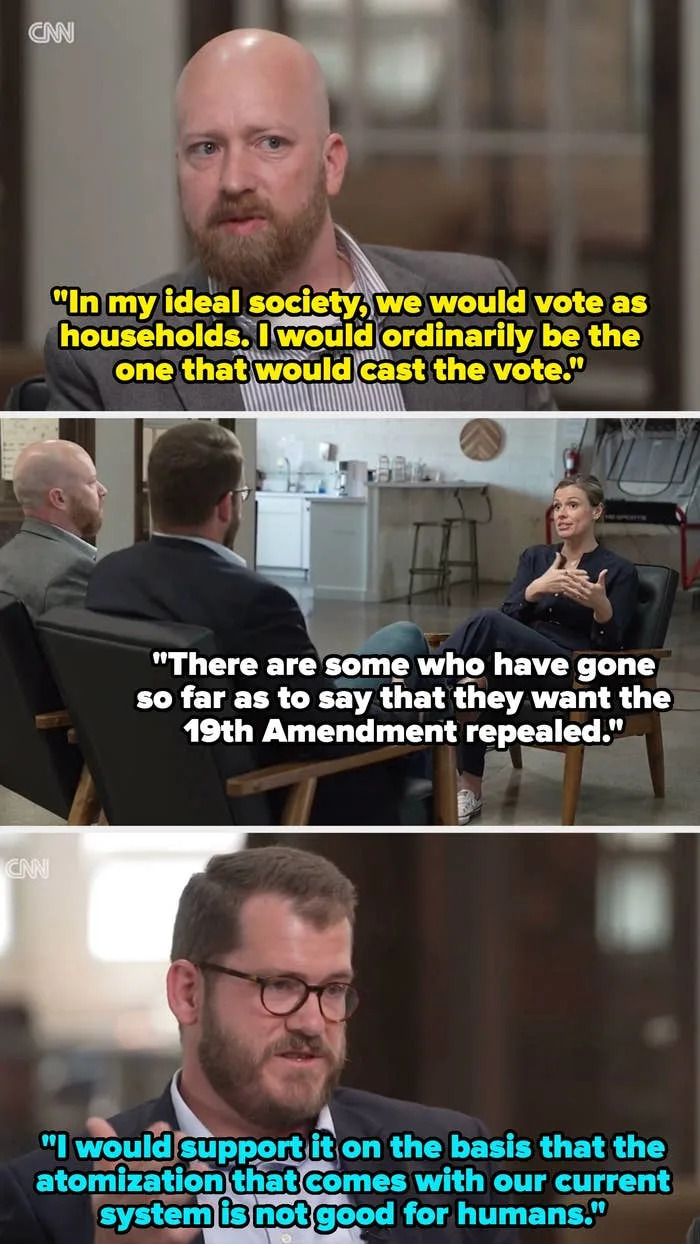 Image shows a group discussion with captions. Quotes suggest a conversation about voting systems and support for repealing the 19th Amendment
