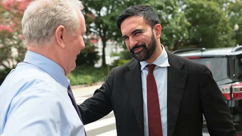 Sen. Chris Van Hollen (D-MD) speaks with NYC Mayoral Candidate Zohran Mamdani as he leaves the Dirksen Senate Office Building on July 16, 2025 in Washington, DC.